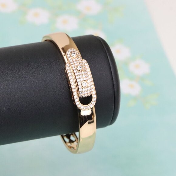 Elegant Rose Gold Safety Pin Style Bangle with Sparkling Stones, XPBL0525 - Picture 6 of 12